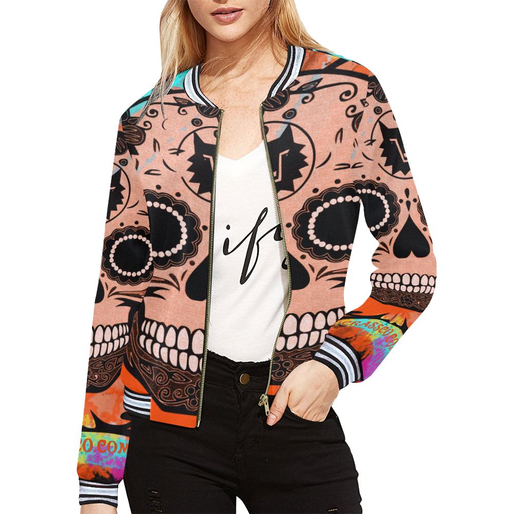 SKULL CULT ORANGE All Over Print Bomber Jacket for Women (Model H21)