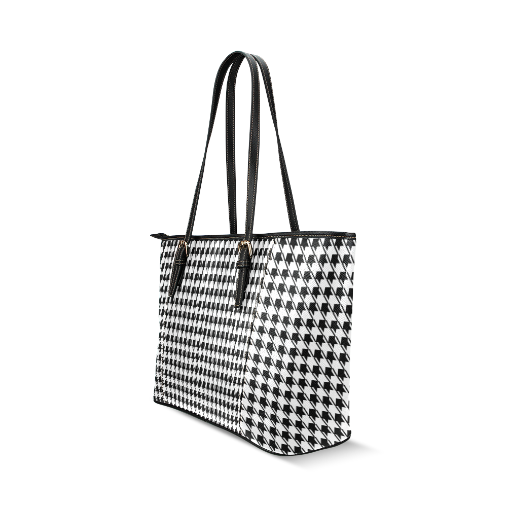 Black White Houndstooth Leather Tote Bag/Small (Model 1640)