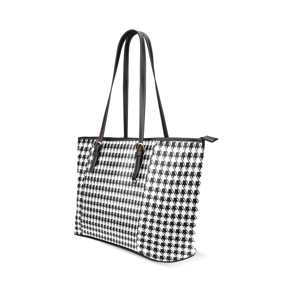 Black White Houndstooth Leather Tote Bag/Small (Model 1640)