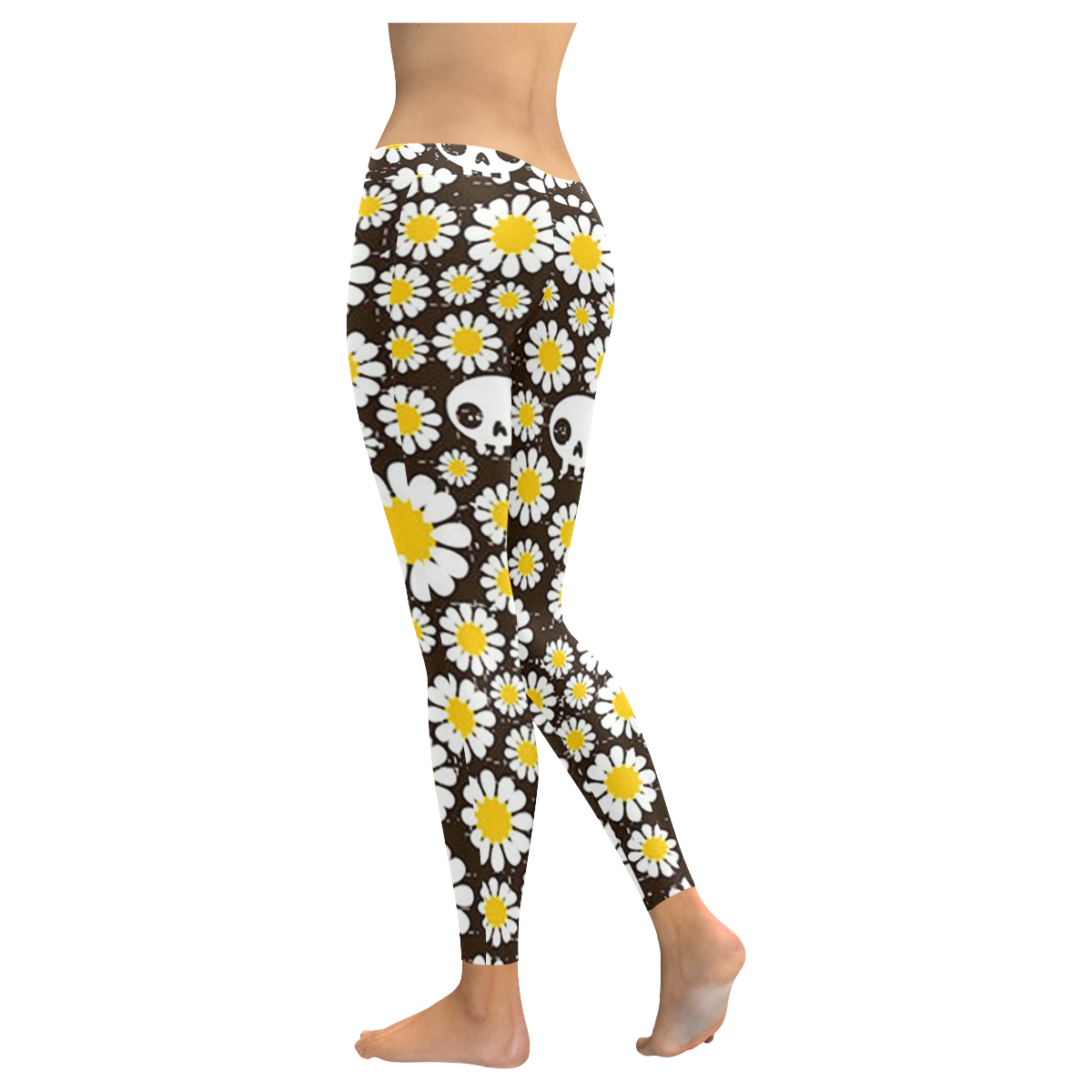 Yellow Daisy Skulls Women's Low Rise Leggings (Invisible Stitch) (Model L05)