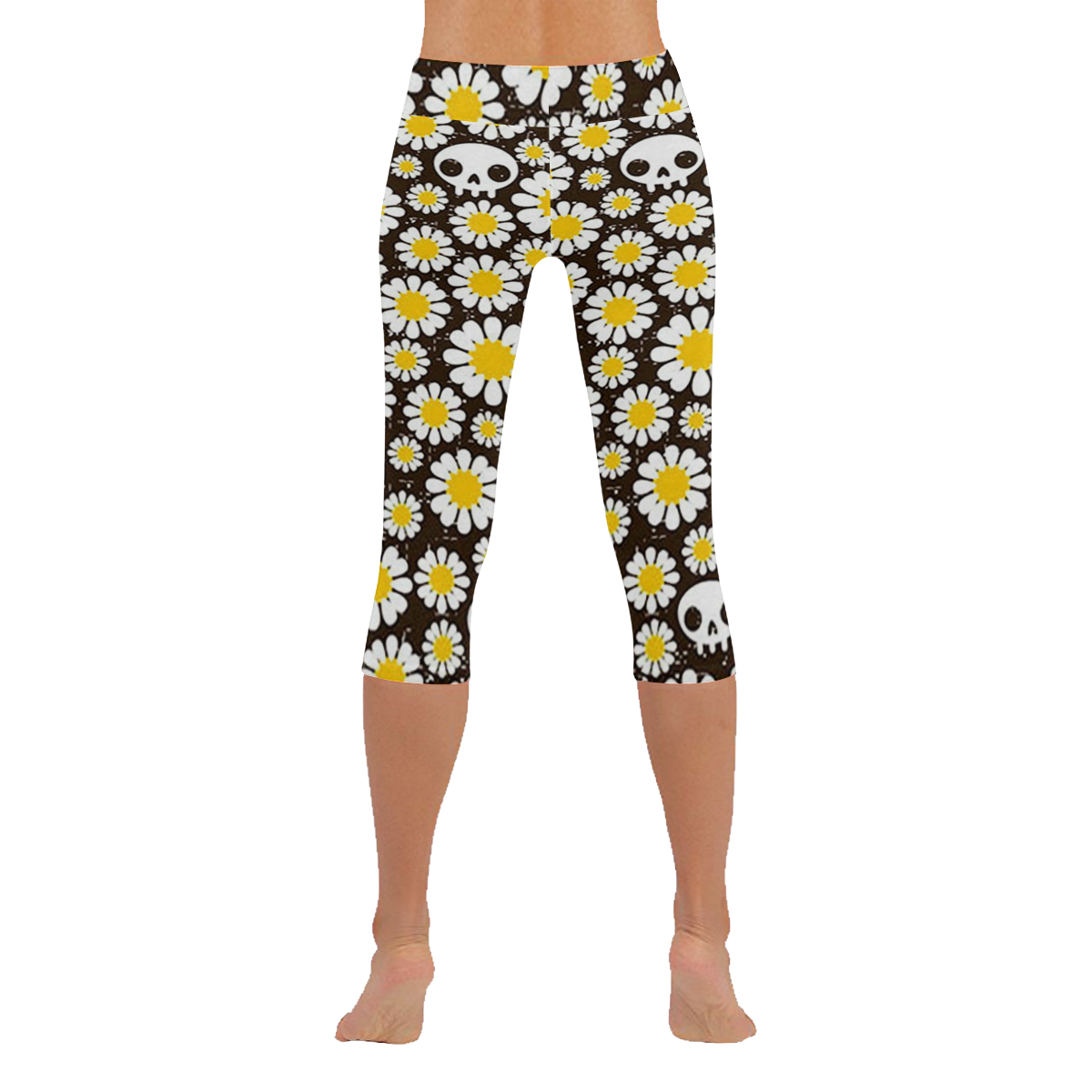 Yellow Daisy Skulls Women's Low Rise Capri Leggings (Invisible Stitch) (Model L08)