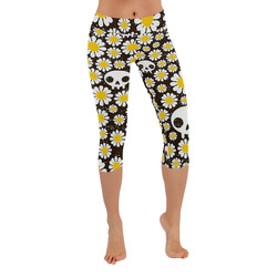 Yellow Daisy Skulls Women's Low Rise Capri Leggings (Invisible Stitch) (Model L08)