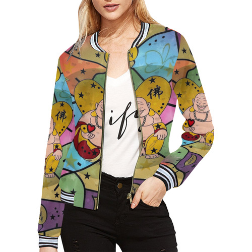 Buddha Popart by Nico Bielow All Over Print Bomber Jacket for Women (Model H21)