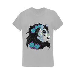 Sugar Skull Horse Turquoise Roses Grey Women's T-Shirt in USA Size (Two Sides Printing)