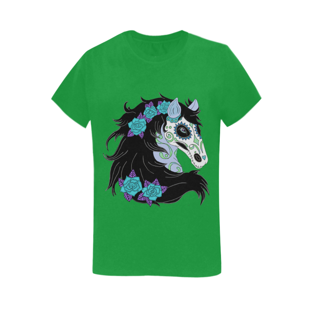 Sugar Skull Horse Turquoise Roses Green Women's T-Shirt in USA Size (Two Sides Printing)