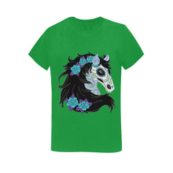 Sugar Skull Horse Turquoise Roses Green Women's T-Shirt in USA Size (Two Sides Printing)
