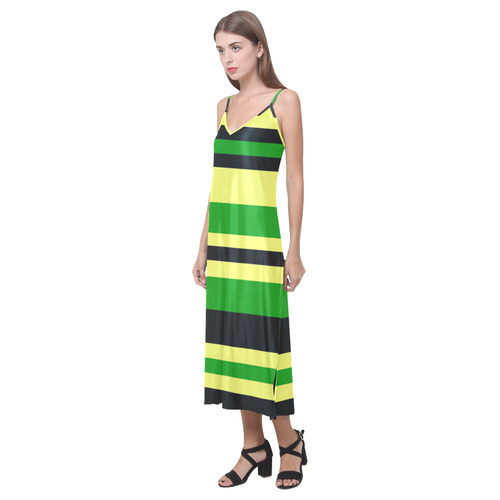 Jamaican Inspired Yellow, Black and Green Stripes V-Neck Open Fork Long Dress(Model D18)