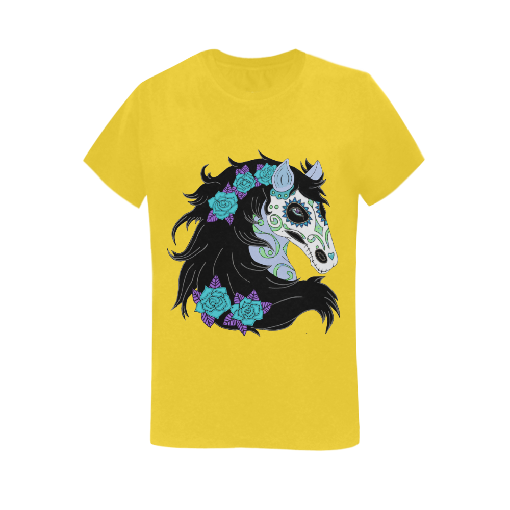 Sugar Skull Horse Turquoise Roses Yellow Women's T-Shirt in USA Size (Two Sides Printing)