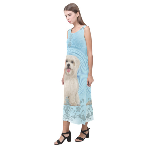 Cute havanese puppy Phaedra Sleeveless Open Fork Long Dress (Model D08)