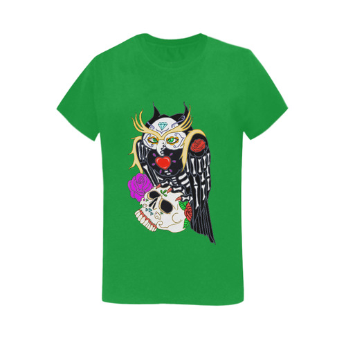 Owl Sugar Skull Green Women's T-Shirt in USA Size (Two Sides Printing)