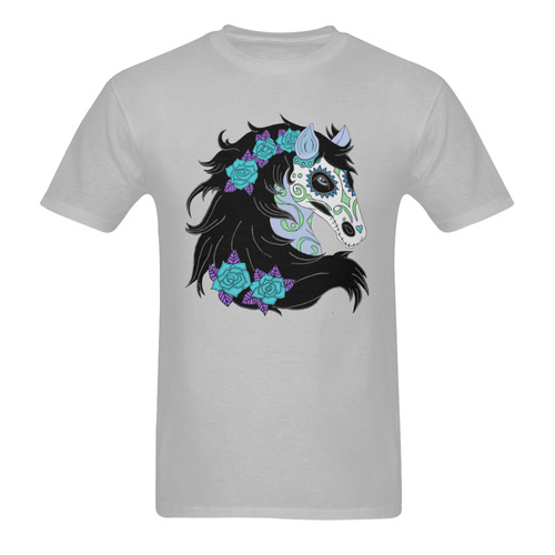 Sugar Skull Horse Turquoise Roses Grey Men's T-Shirt in USA Size (Two Sides Printing)