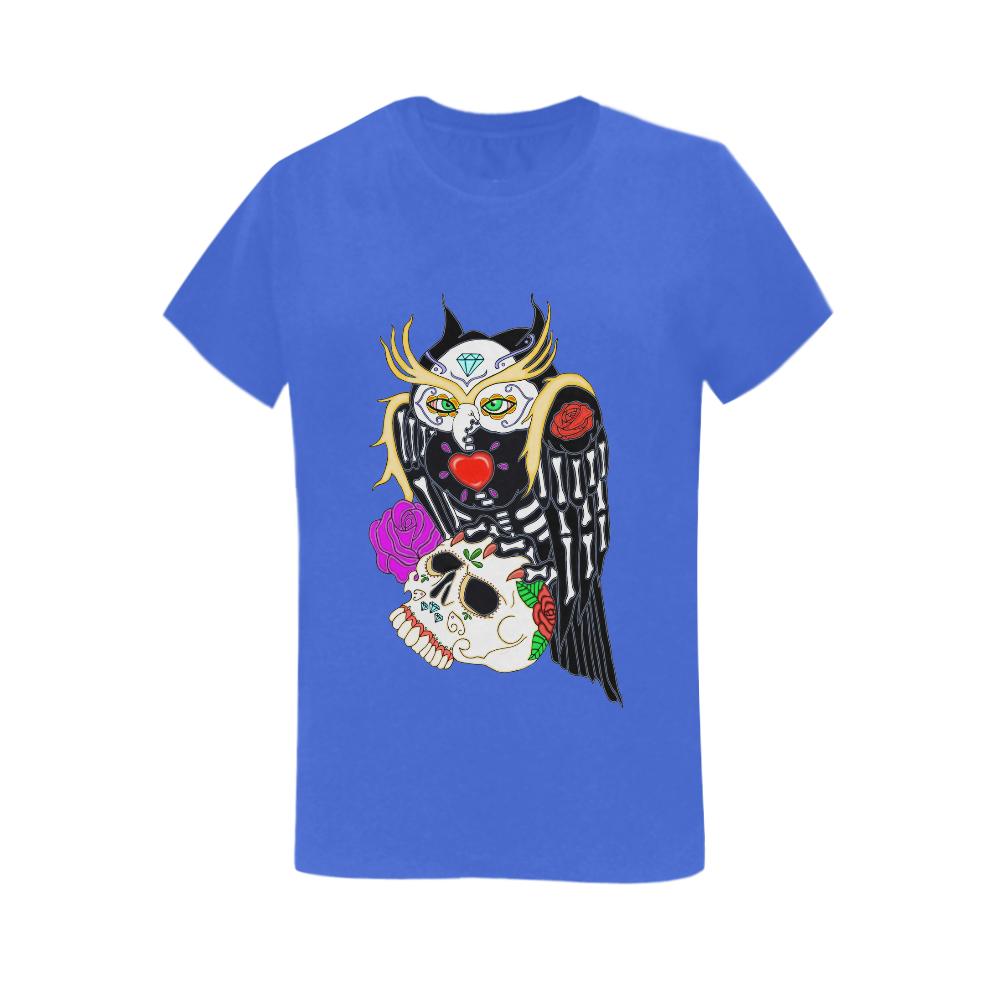Owl Sugar Skull Blue Women's T-Shirt in USA Size (Two Sides Printing)
