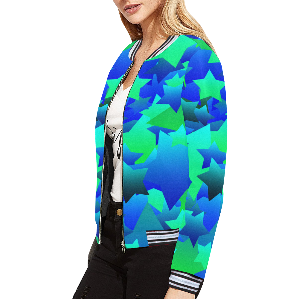 Bubble Stars Blue All Over Print Bomber Jacket for Women (Model H21)