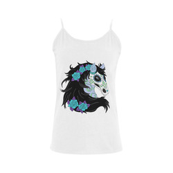 Sugar Skull Horse Turquoise Roses White Women's Spaghetti Top (USA Size) (Model T34)