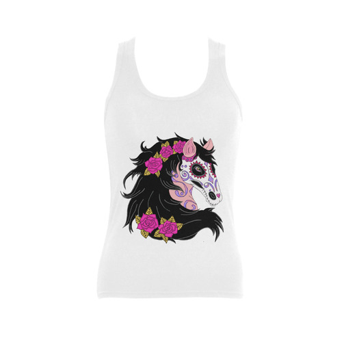 Sugar Skull Horse Pink Roses White Women's Shoulder-Free Tank Top (Model T35)