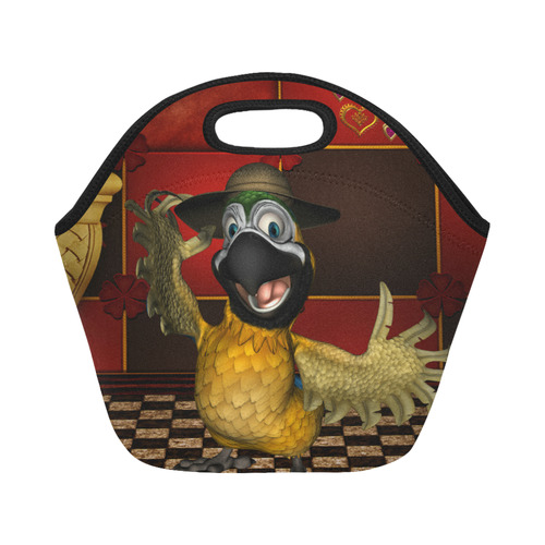 Funny parrot with summer hat Neoprene Lunch Bag/Small (Model 1669)