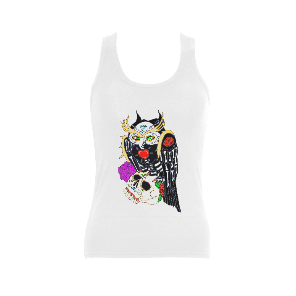 Owl Sugar Skull White Women's Shoulder-Free Tank Top (Model T35)