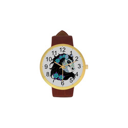 Sugar Skull Horse Turquoise Roses Women's Golden Leather Strap Watch(Model 212)