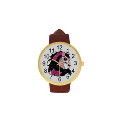 Sugar Skull Horse Pink Roses Women's Golden Leather Strap Watch(Model 212)