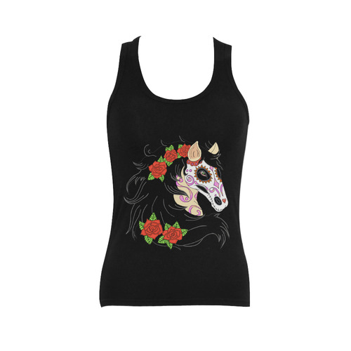 Sugar Skull Horse Red Roses Black Women's Shoulder-Free Tank Top (Model T35)