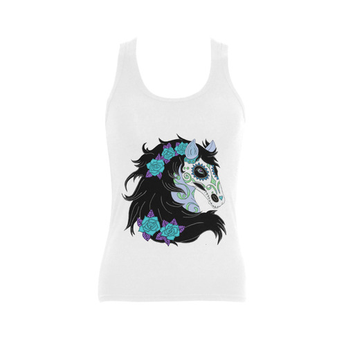 Sugar Skull Horse Turquoise Roses White Women's Shoulder-Free Tank Top (Model T35)