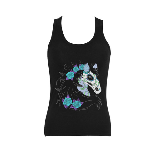 Sugar Skull Horse Turquoise Roses Black Women's Shoulder-Free Tank Top (Model T35)