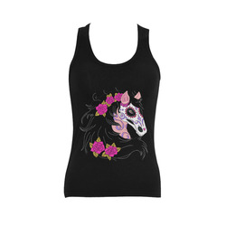 Sugar Skull Horse Pink Roses Black Women's Shoulder-Free Tank Top (Model T35)