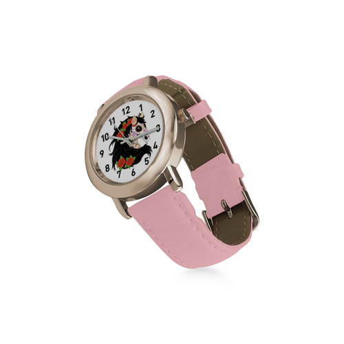 Sugar Skull Horse Red Roses Women's Rose Gold Leather Strap Watch(Model 201)