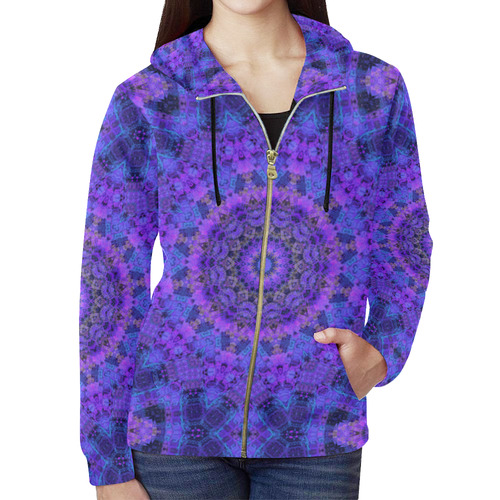 Mandala in Purple/Blue All Over Print Full Zip Hoodie for Women (Model H14)