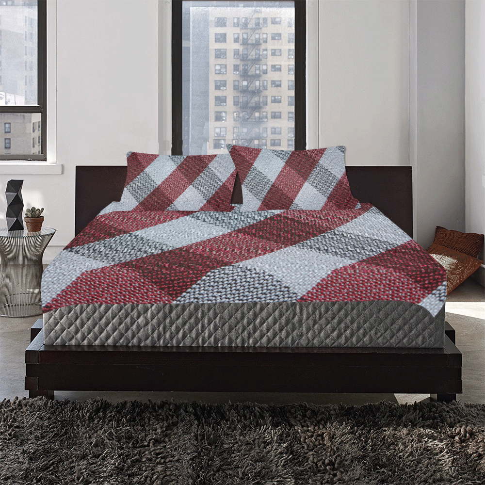 Red Grey Plaid 3-Piece Bedding Set