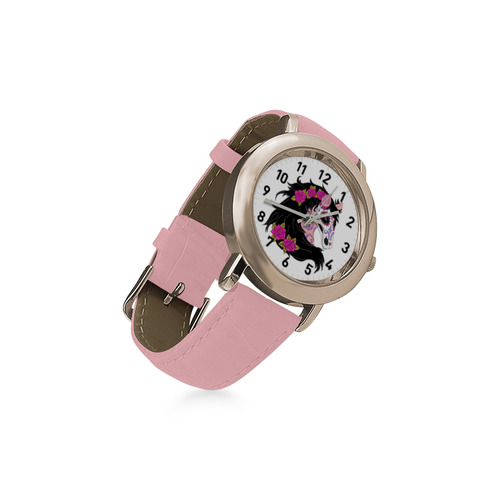 Sugar Skull Horse Pink Roses Women's Rose Gold Leather Strap Watch(Model 201)