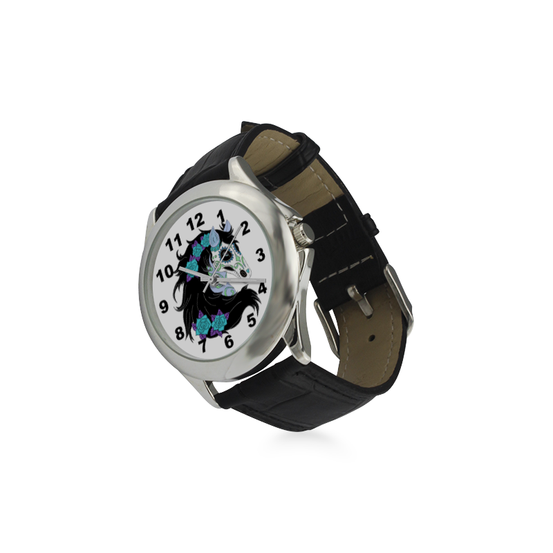 Sugar Skull Horse Turquoise Roses Women's Classic Leather Strap Watch(Model 203)
