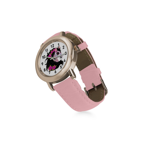 Sugar Skull Horse Pink Roses Women's Rose Gold Leather Strap Watch(Model 201)
