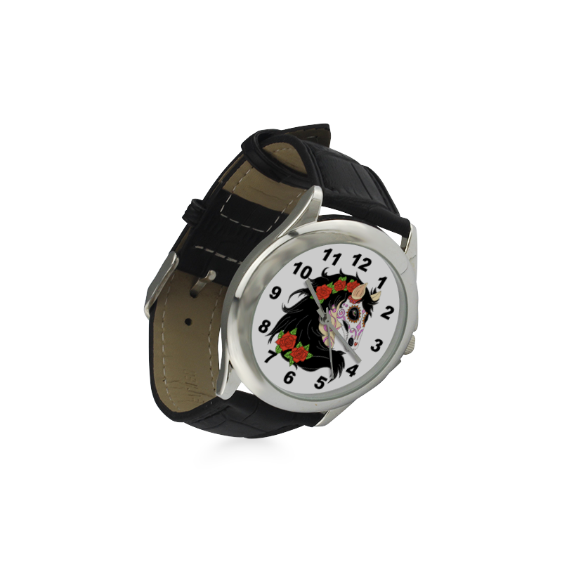 Sugar Skull Horse Red Roses Women's Classic Leather Strap Watch(Model 203)