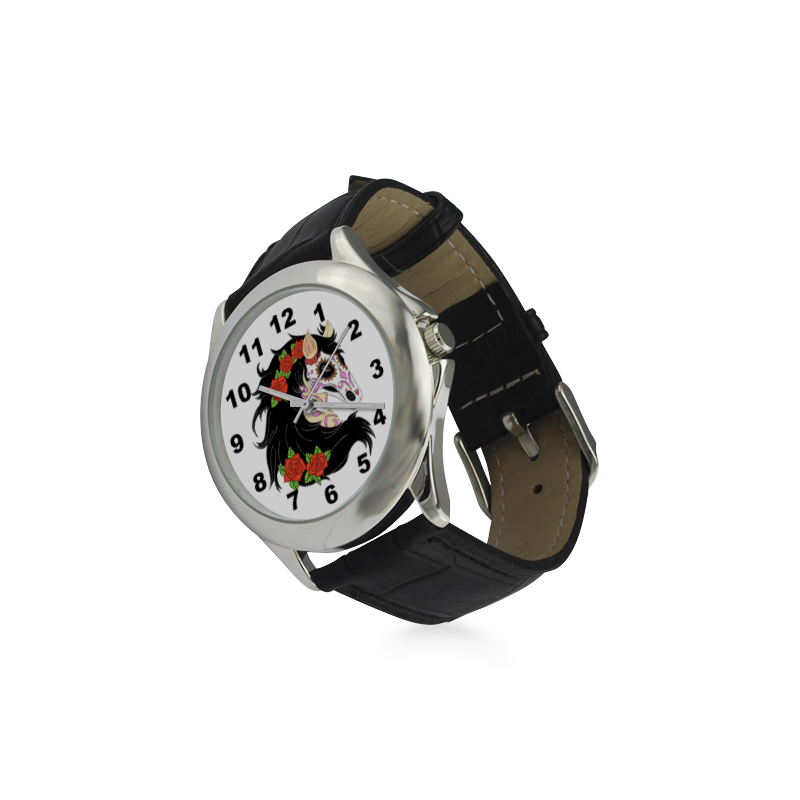 Sugar Skull Horse Red Roses Women's Classic Leather Strap Watch(Model 203)