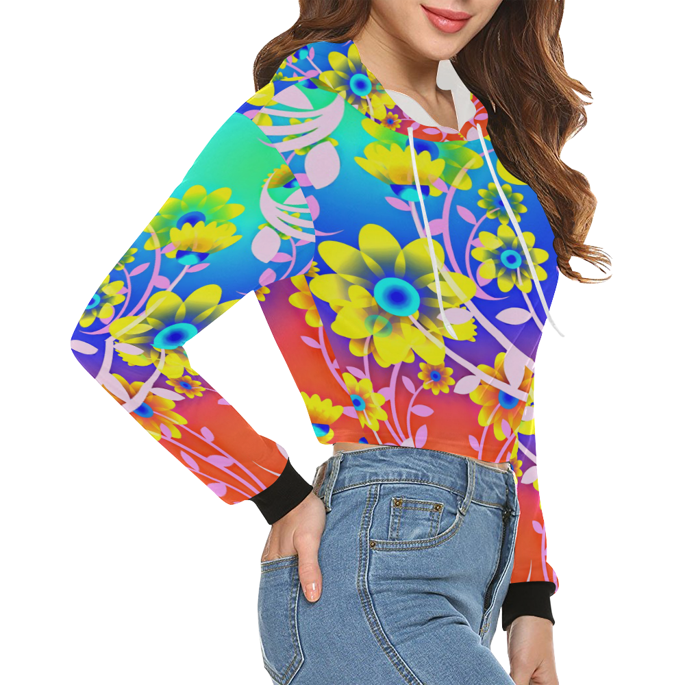 FLOWER POWER-334 All Over Print Crop Hoodie for Women (Model H22)