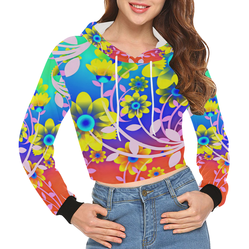 FLOWER POWER-334 All Over Print Crop Hoodie for Women (Model H22)