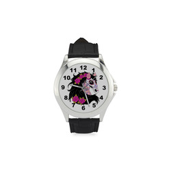 Sugar Skull Horse Pink Roses Women's Classic Leather Strap Watch(Model 203)