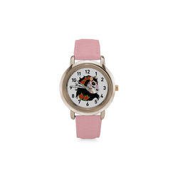Sugar Skull Horse Red Roses Women's Rose Gold Leather Strap Watch(Model 201)