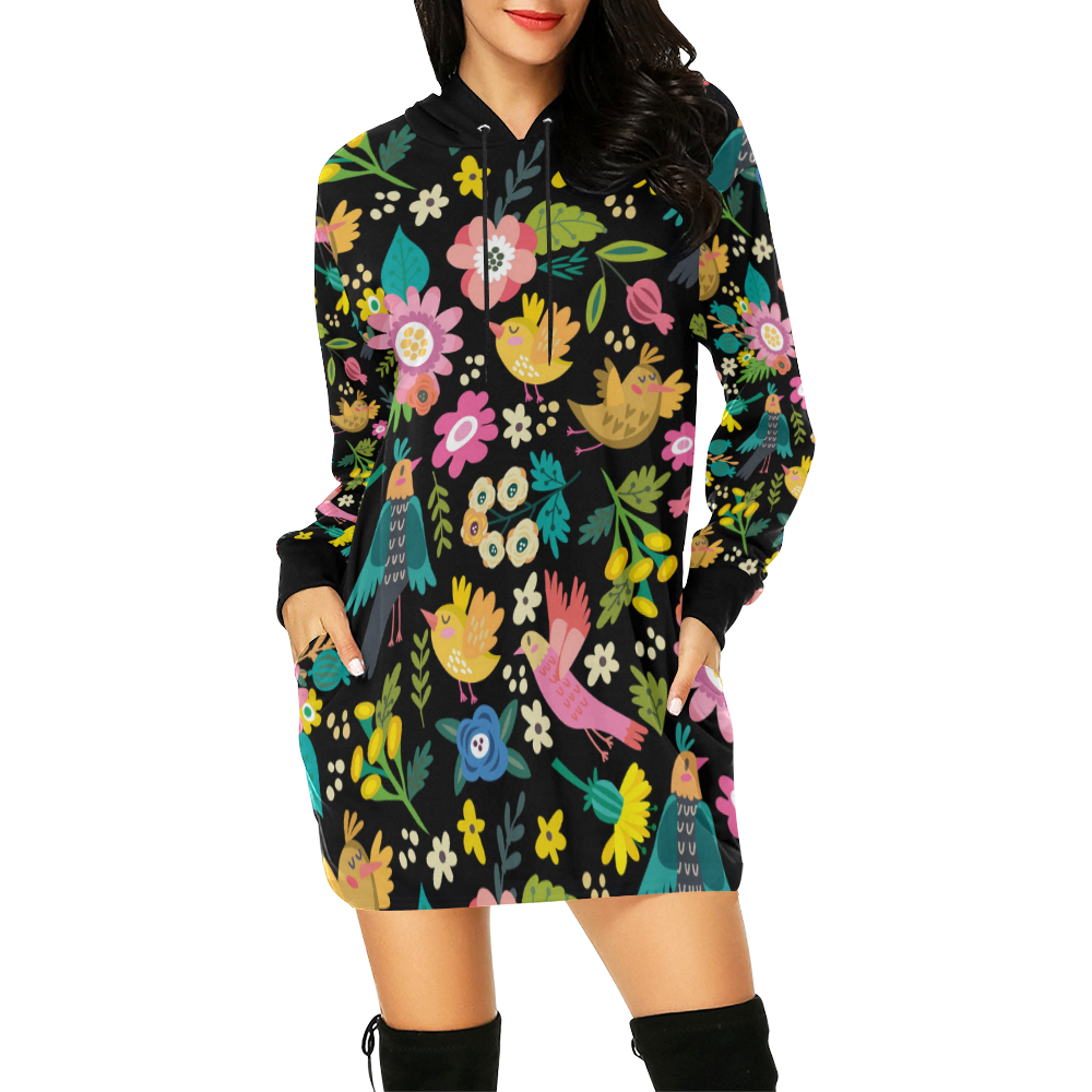 Spring Flowers And Birds Pattern I All Over Print Hoodie Mini Dress (Model H27)