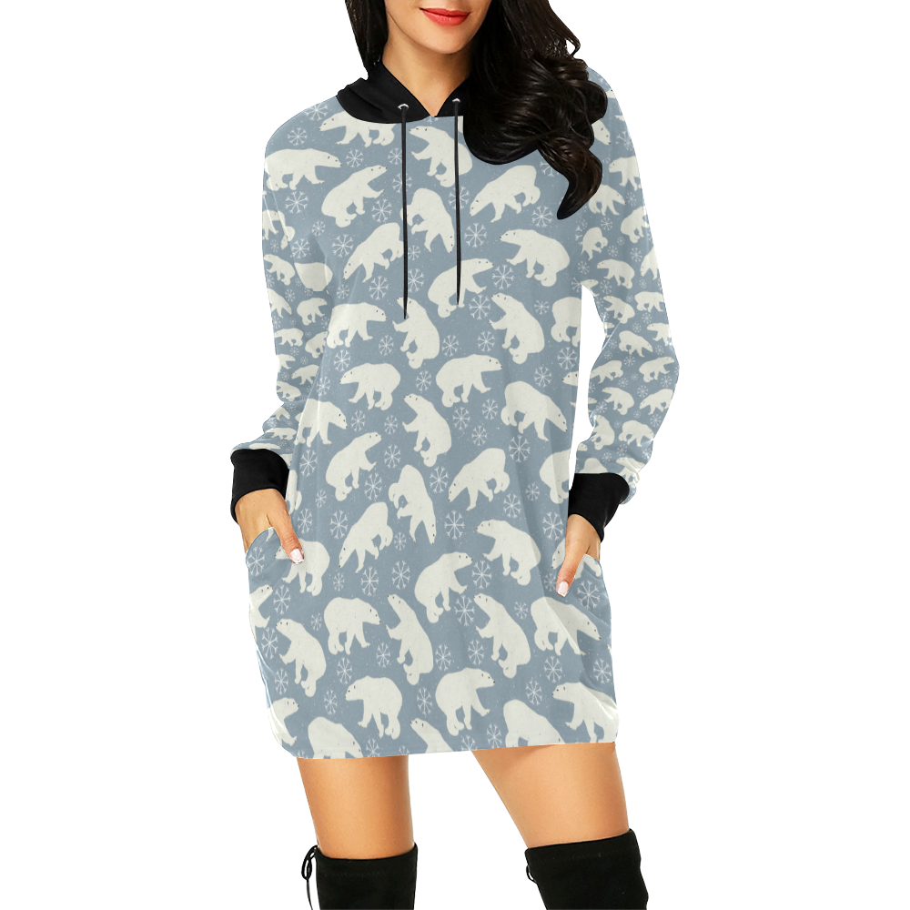 Winter Snowflakes Polar Bears Pattern All Over Print Hoodie Mini Dress (Model H27)