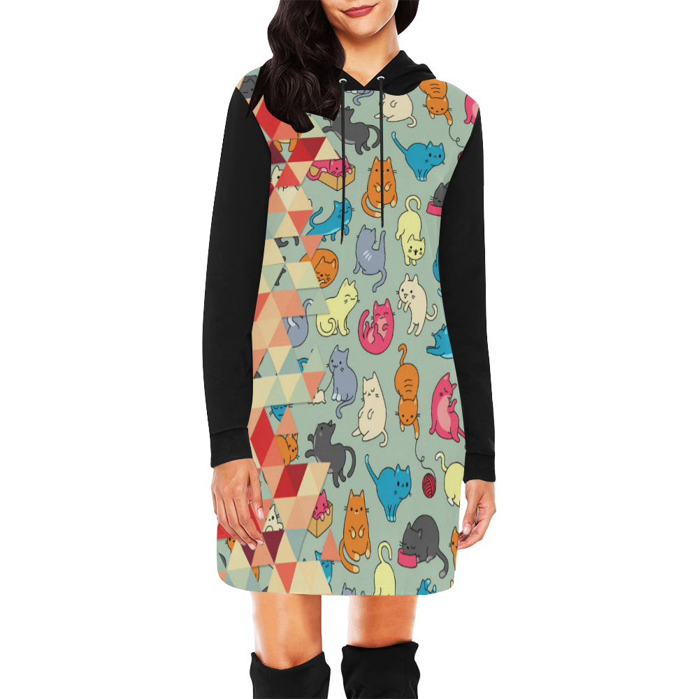 Hipster Triangles and Funny Cats Cut Pattern All Over Print Hoodie Mini Dress (Model H27)