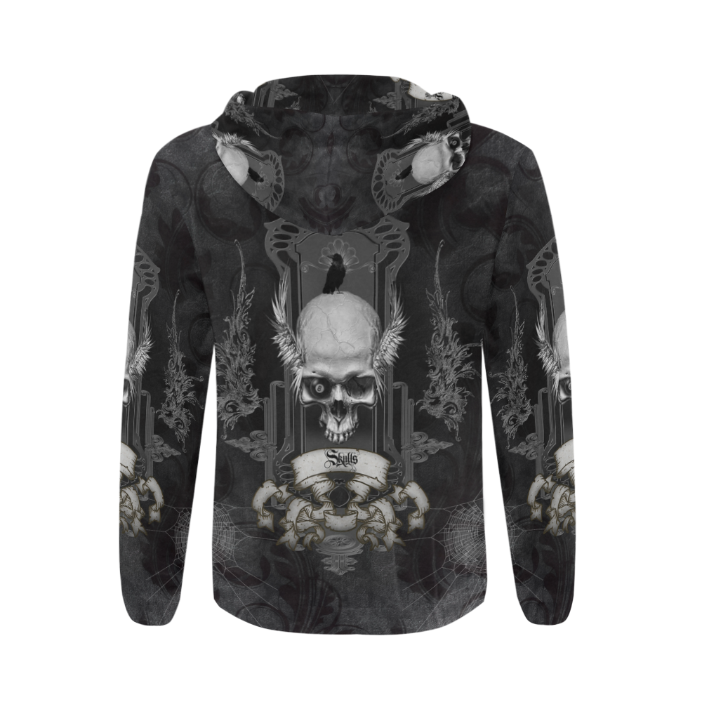 Skull with crow in black and white All Over Print Full Zip Hoodie for Men (Model H14)