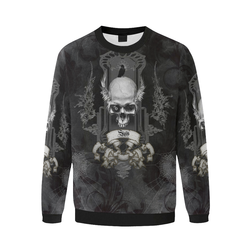 Skull with crow in black and white Men's Oversized Fleece Crew Sweatshirt/Large Size(Model H18)