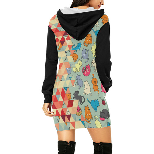 Hipster Triangles and Funny Cats Cut Pattern All Over Print Hoodie Mini Dress (Model H27)