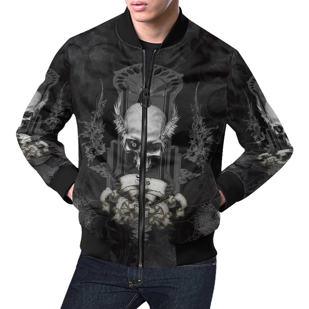 Skull with crow in black and white All Over Print Bomber Jacket for Men (Model H19)