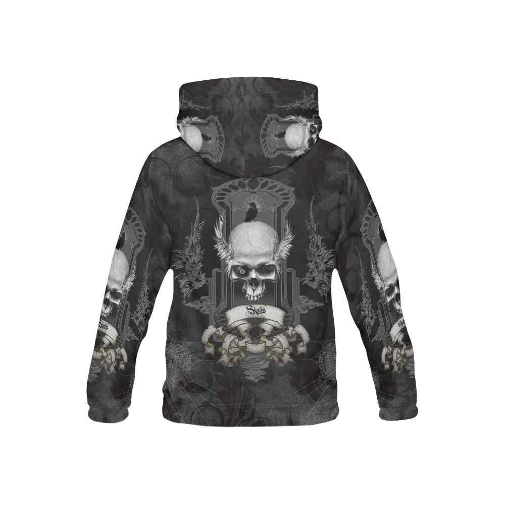 Skull with crow in black and white All Over Print Hoodie for Kid (USA Size) (Model H13)