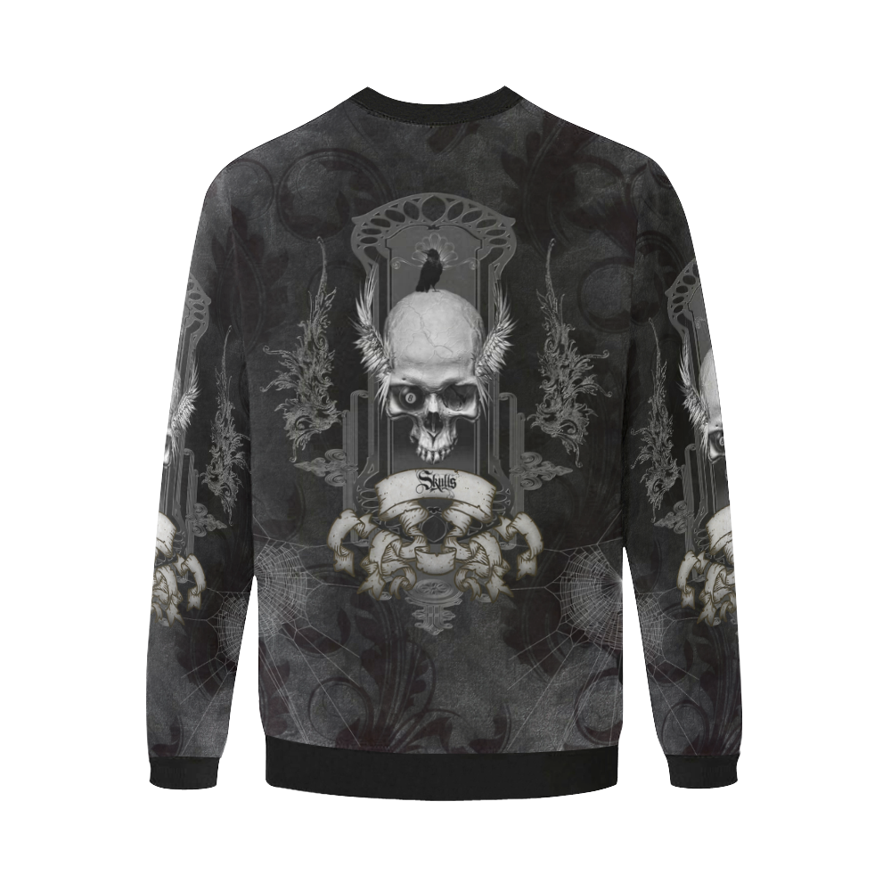 Skull with crow in black and white Men's Oversized Fleece Crew Sweatshirt/Large Size(Model H18)