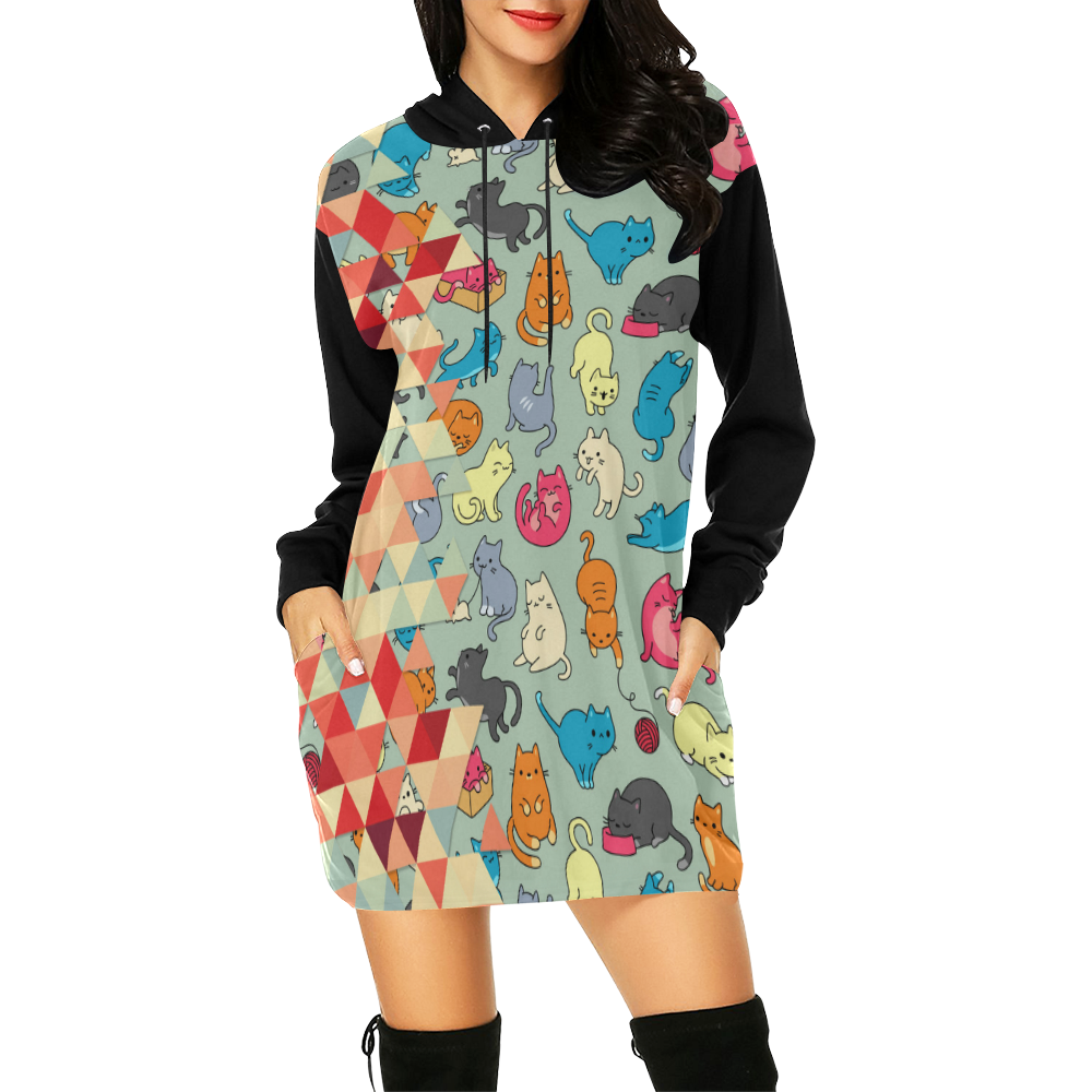 Hipster Triangles and Funny Cats Cut Pattern All Over Print Hoodie Mini Dress (Model H27)