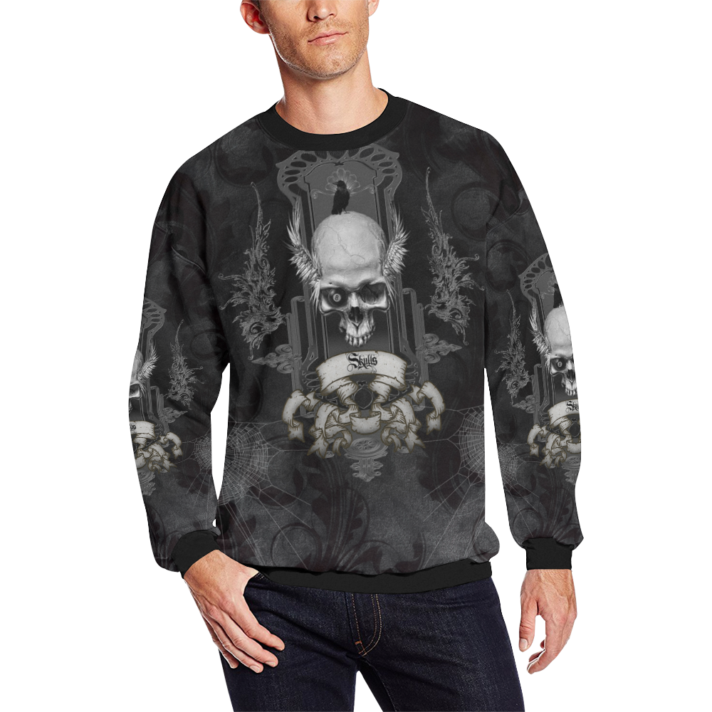 Skull with crow in black and white Men's Oversized Fleece Crew Sweatshirt/Large Size(Model H18)